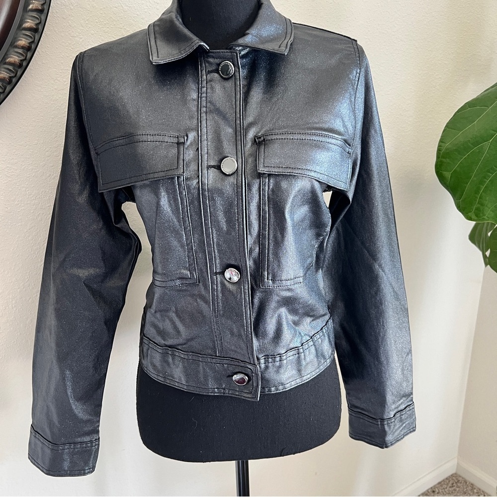 Rebecca Minkoff RM Women’s Shimmer Silver Black Charcoal Gray Moto Jacket Coat